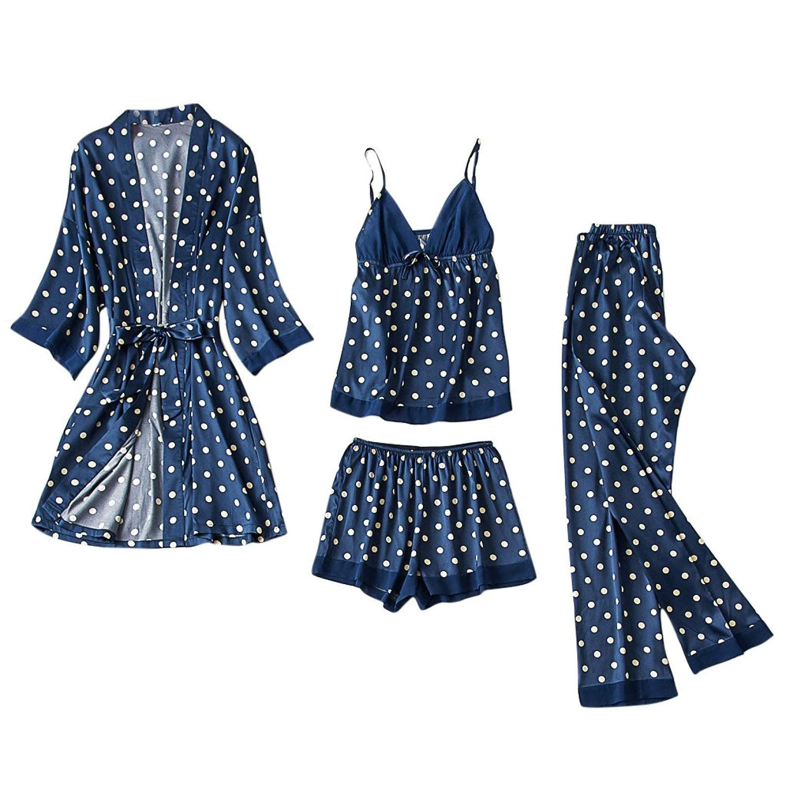 ladies pajamas,women pajamas 4 pieces dot print satin sleepwear silk home wear home clothing sleep lounge pyjama night gown cosy pyjamas creative thing,red,s