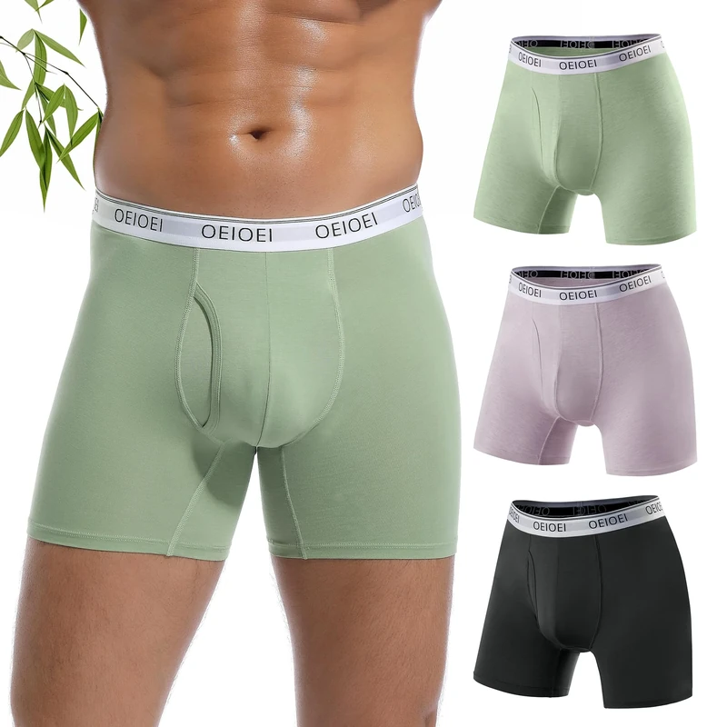 OEIOEI Boxers for Men Bamboo Underwear Breathable Soft Underpants Sports Boxer Trunks 3 Pack (L, Grey/Green/Purple)