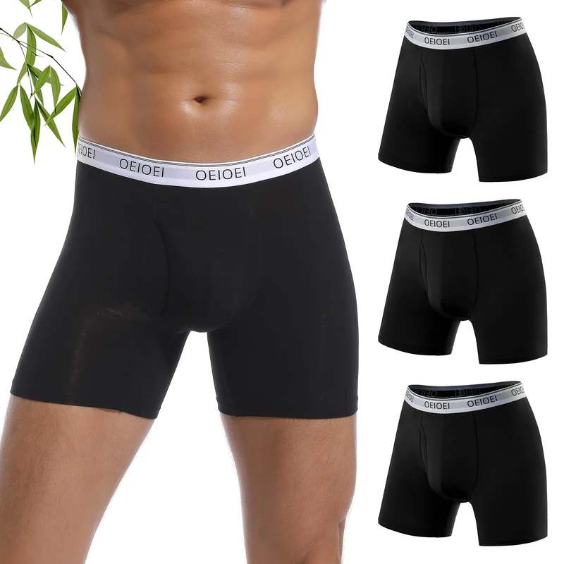 OEIOEI Mens Boxers Shorts Multipack Bamboo Black Trunks with Fly Underwear Boxer Briefs 3 Pack (L, 3 Black)
