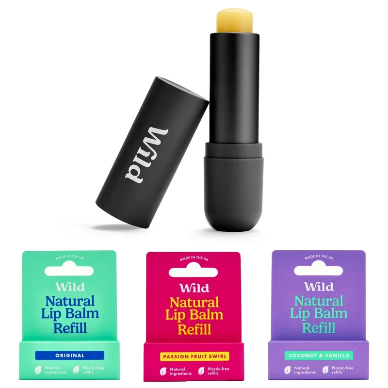 Wild Natural Refillable Lip Balm Starter Kit - Includes Black Aluminium Case & 3 Pack Lip Balm Refills in a Variety of Scents - Includes Passionfruit Swirl, Original and Coconut & Vanilla Scents