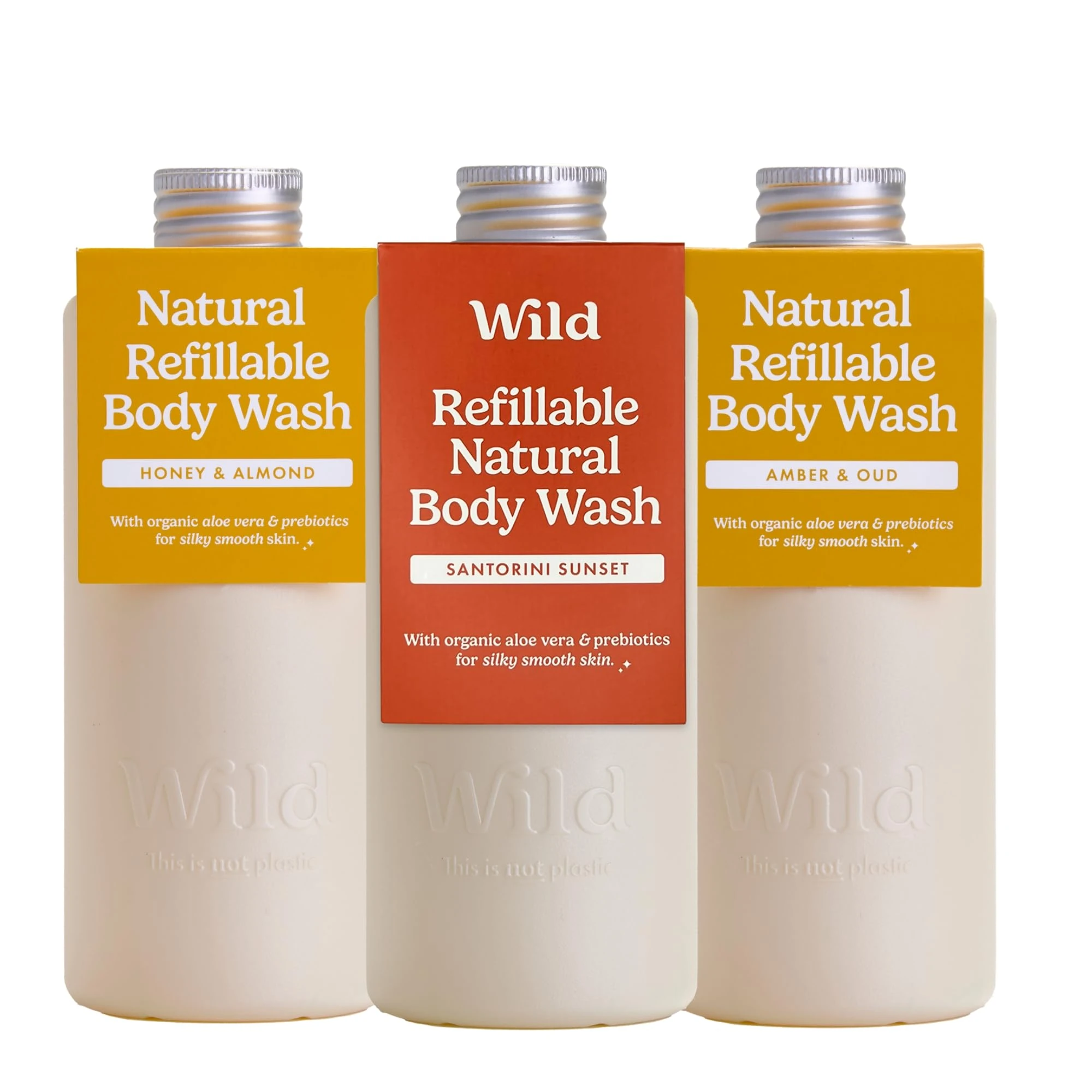 Wild Natural Refillable Body Wash 300ml - 3 Pack of Shower Gel Refills in a Variety of Scents - Includes Honey & Almond, Amber & Oud and Santorini Sunset Scents