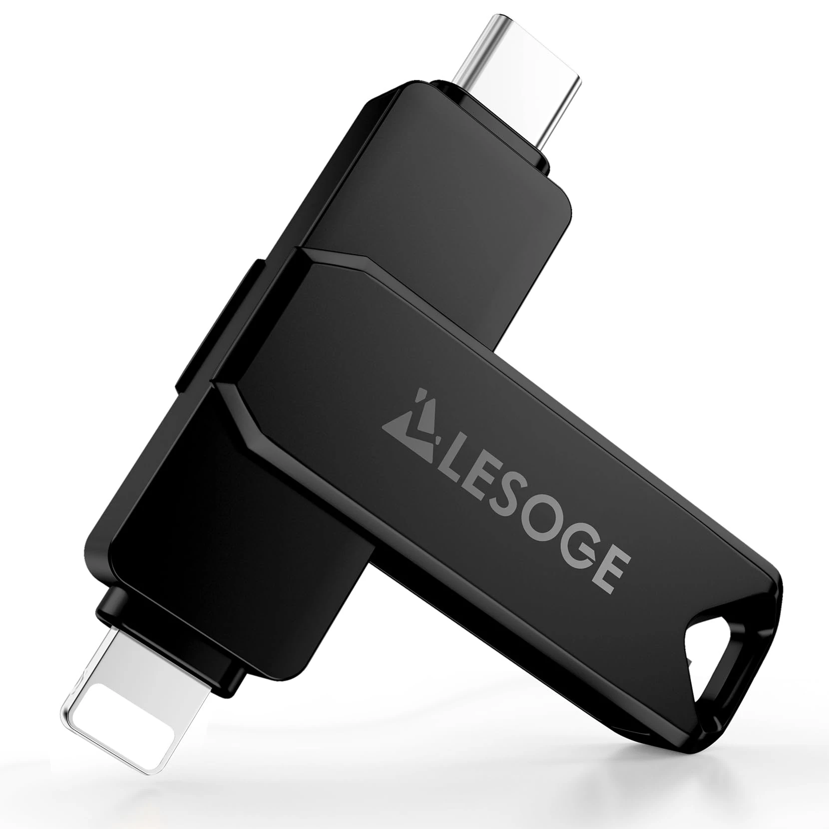 LESOGE MFi Certified USB C & Lightning Memory Stick Dual Interface Flash Drive with USB C Adapter, iPhone External Storage, USB 3.0 High-Speed for Photos/Videos (Black, 128, GB)