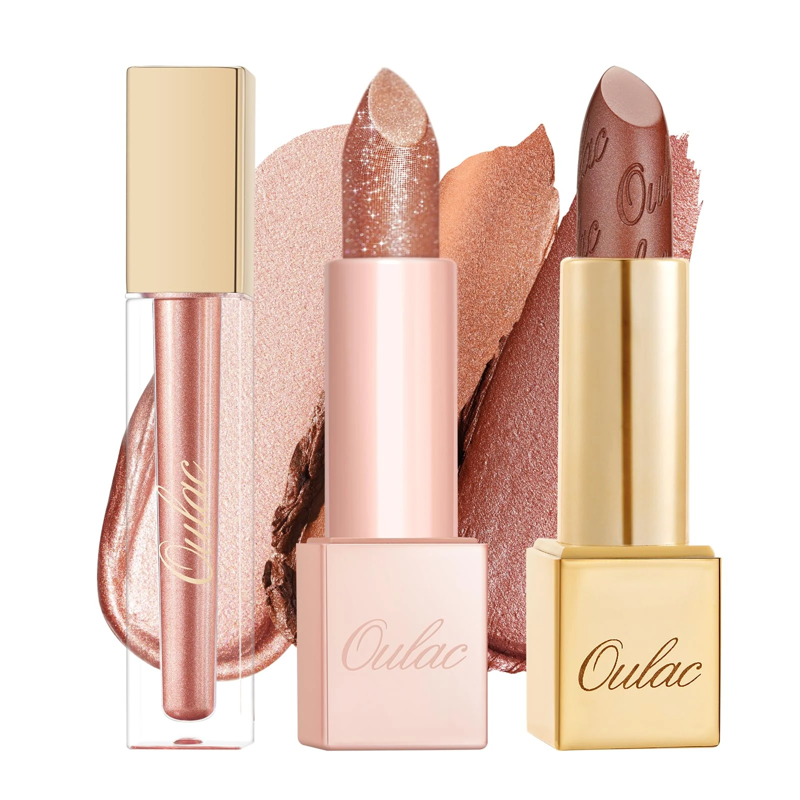 OULAC Nude Brown Metallic Lip Gloss Kit – Shimmer & High Pigment, Long Lasting Moisture Lip Gloss Set, Creamy Texture & Hydrating with Shea Butter, Vegan & Clean Beauty Formula MD06+PG06+MSD24(3pcs)