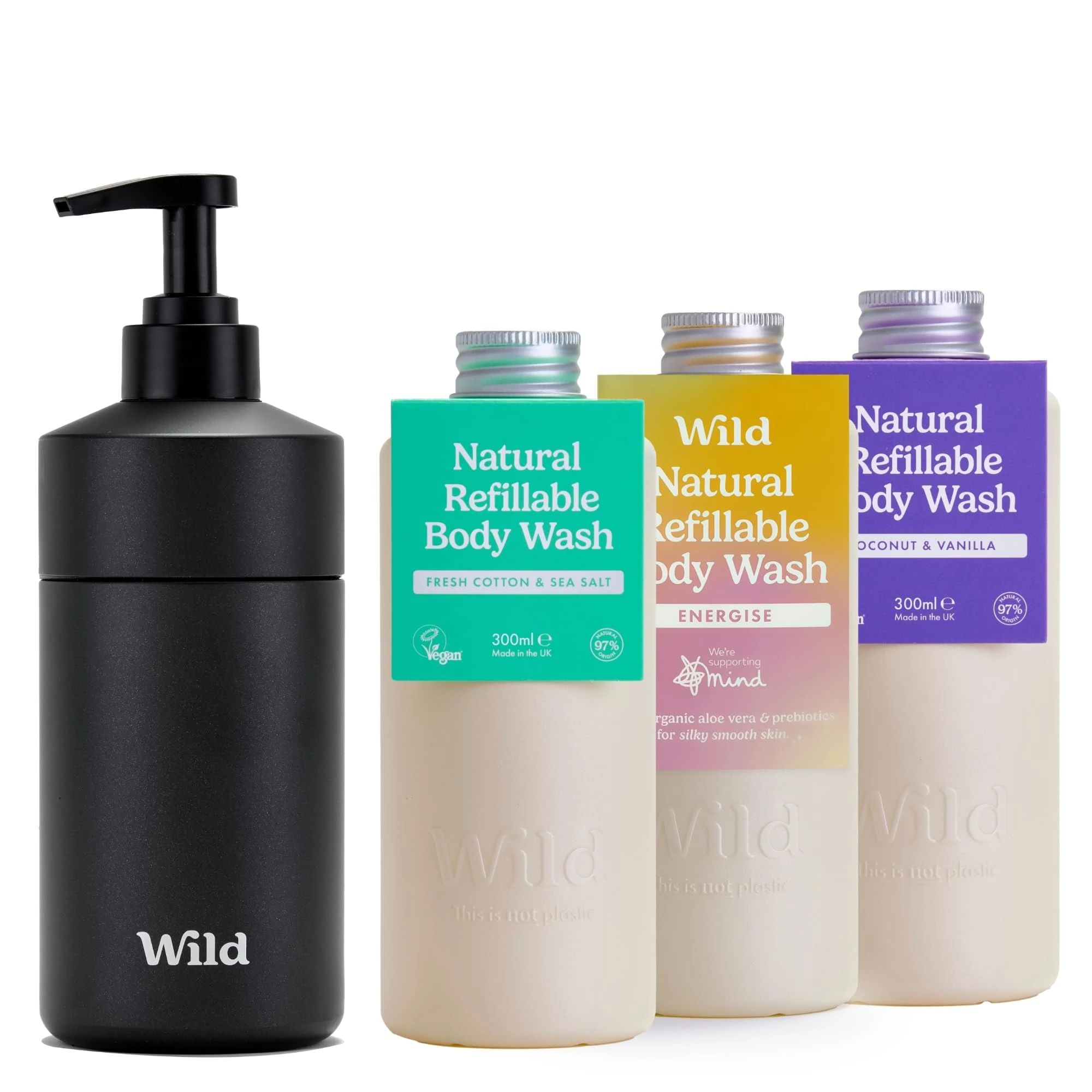 Wild Natural Refillable Body Wash Starter Kit - Black Aluminium Case & 3 Pack of Shower Gel Refills in a Variety of Scents - Includes Coconut & Vanilla, Fresh Cotton & Energise Scents
