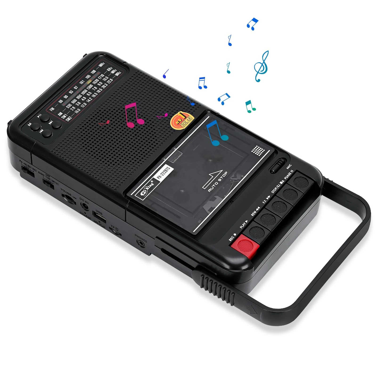 Portable Cassette Players, Boombox Portable Retro Cassette Tape Player, Supports SD/MMC/USB/Cassette Playback, AM/FM/SW Bands Radio，HiFi Sound Quality, Built-in Speaker (Black)