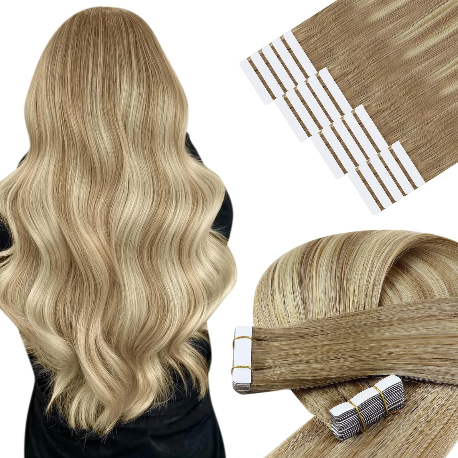 YoungSee Tape in Hair Extensions Human Hair Balayage Tape ins Human Hair Extensions Golden Brown Ombre Platinum Blonde 12 Inch 20pcs 30g