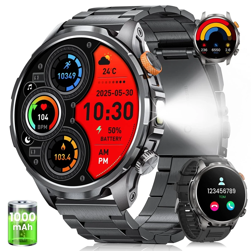 BANLVS Men's Military Smartwatch 1.91 Inch AMOLED Fitness Smartwatch with 1000 mAH/5 ATM Battery Waterproof/LED Flashlight/110+ Sports Modes/SpO2/Pulsometer/Sleep, Men's Watch for Android iOS, Black - Image 1