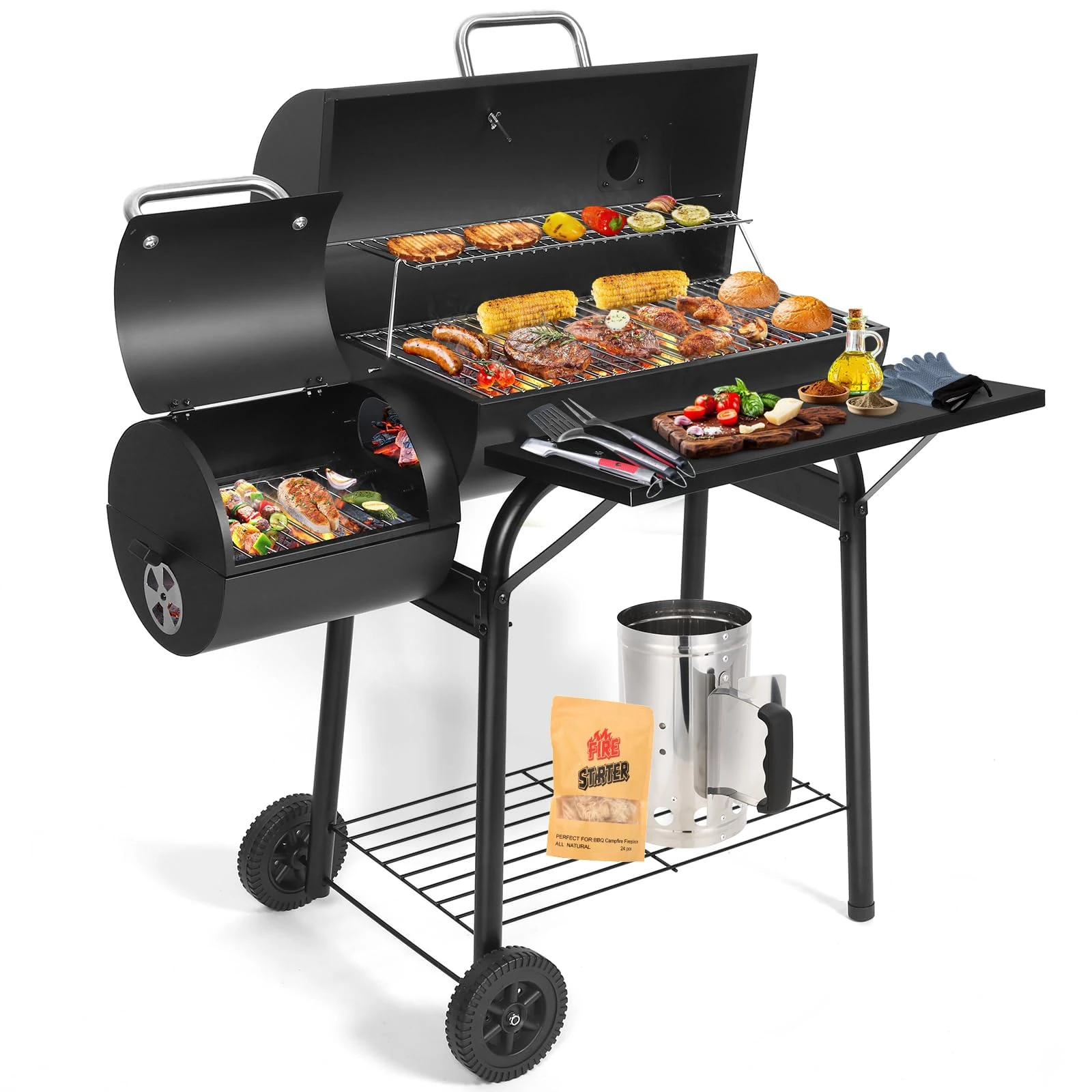 Charcoal BBQ Grill With Offset Smoker: Large Oil Drum Barbecue Barrel Grill with Charcoal Starter For Outdoor Garden