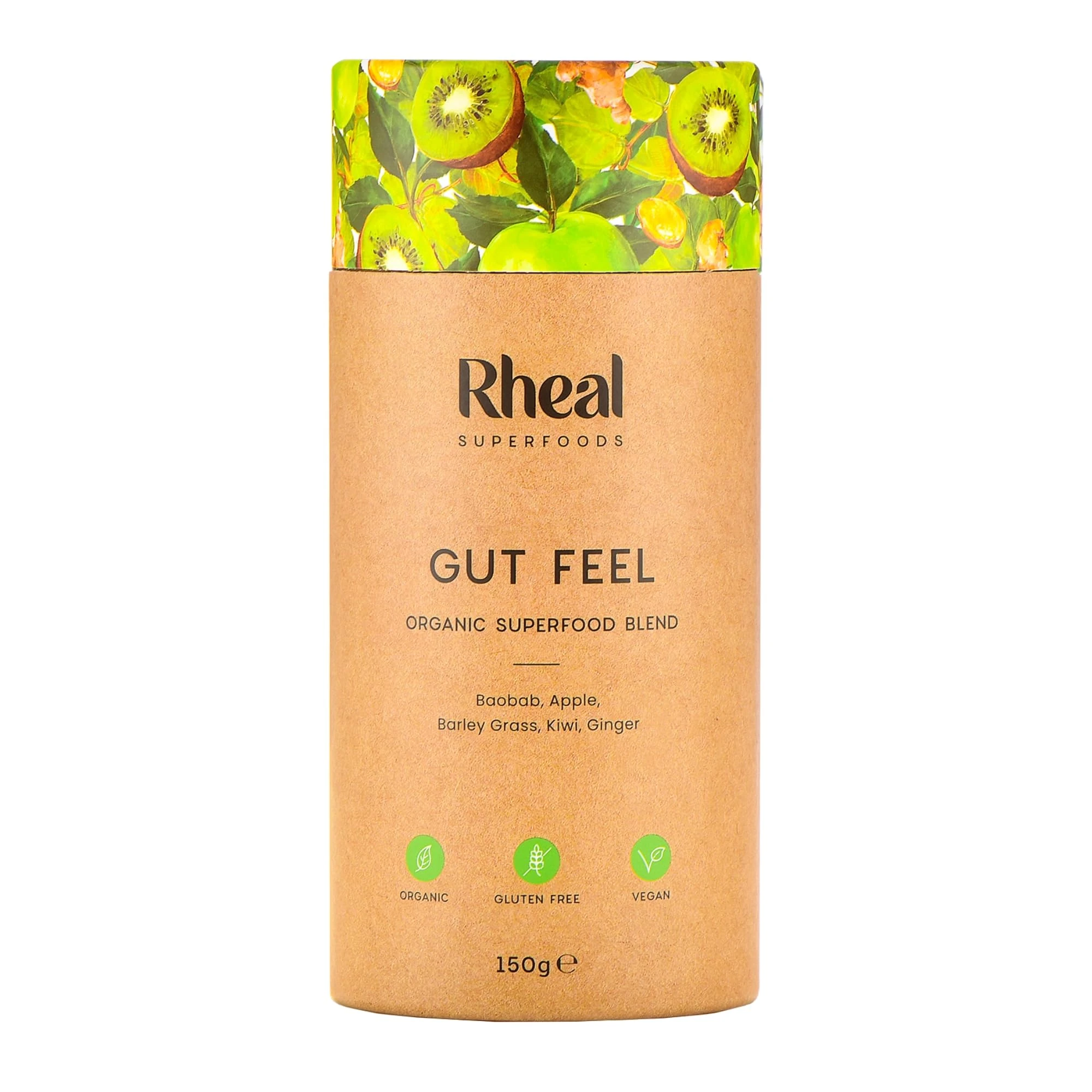 Rheal Gut Feel 150g | 30 Servings | Supports Digestion & Gut Health | Source of Fibre | 600mg Actazin Kiwi | Organic Superfoods with Ginger & Baobab | Certified B Corp
