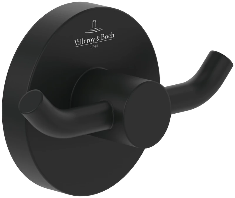 Villeroy & Boch Elements - Tender Double Towel Hook, Towel Holder for Wall Installation, Towel Hook Made from zinc, Bathroom Accessory, Round Bathroom Hook, 76 x 32 x 54 mm, Matt Black