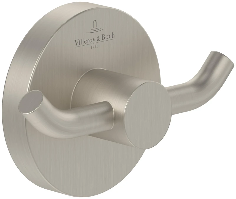 Villeroy & Boch Elements - Tender Double Towel Hook, Towel Holder for Wall Installation, Towel Hook Made from zinc, Bathroom Accessory, Round Bathroom Hook, 76 x 32 x 54 mm, Brushed Nickel