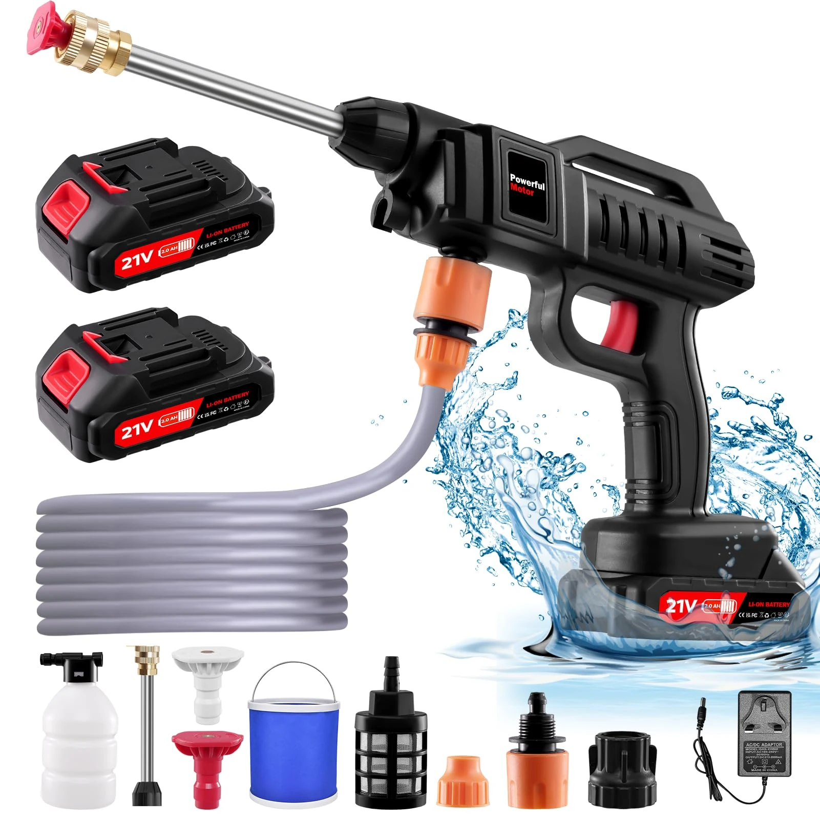 Worshow Cordless Pressure Washer | 21V 1500W Portable High Pressure Washers Cleaner Kit with 2 Battery, 2 Nozzles, 5M Hose, Bucket, 60Bar/870 PSI Jet Wash Gun for Car/Floor/Garden Cleaning & Watering