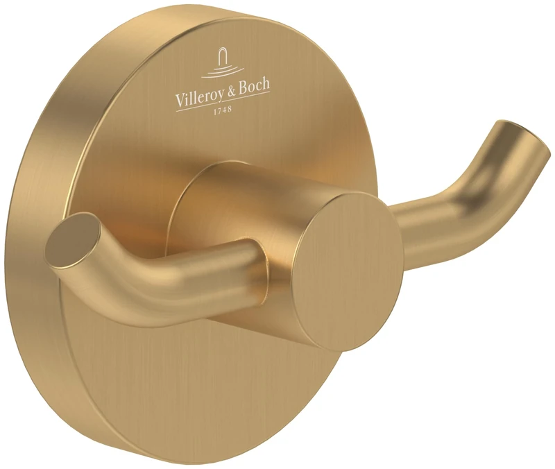 Villeroy & Boch Elements - Tender Double Towel Hook, Towel Rail for Wall Mounting, Wall Hooks Made of Zinc, Accessories Bathroom, Round Bath Hook, 76 x 32 x 54 mm, Brushed Gold