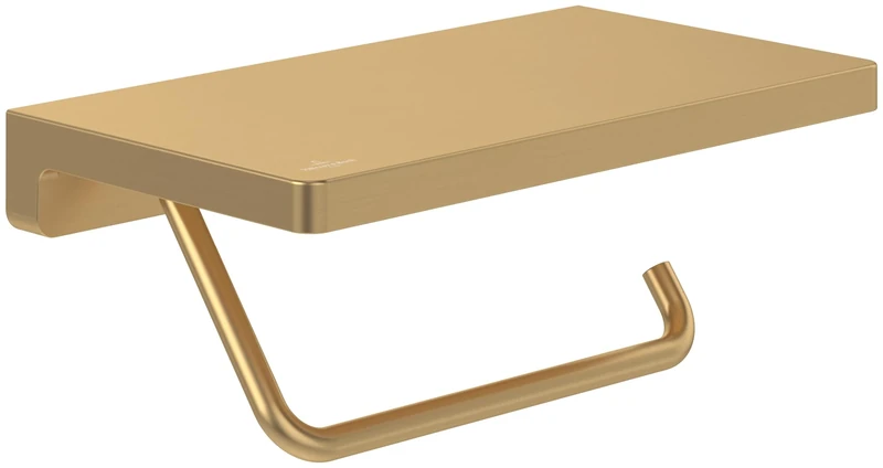 Villeroy & Boch Elements Striking Toilet Paper Holder with Shelf, Toilet Paper Holder for Wall Mounting, Brass Toilet Roll Holder, Square, Brushed Gold