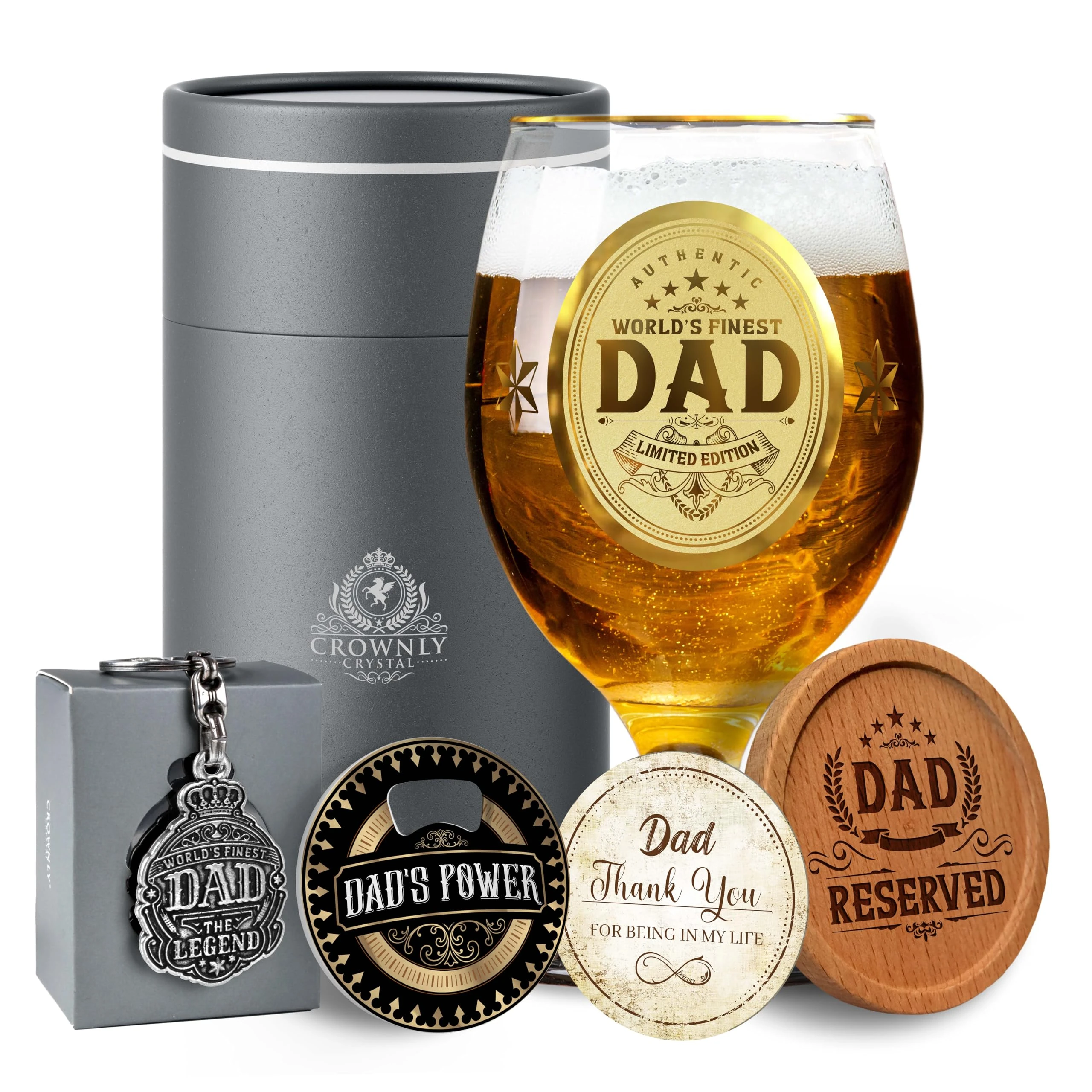 CROWNLY CRYSTAL® Personalized Beer Glass Birthday Gifts for Dad from Daughter or Son Best Dad Gift Ideas for Men