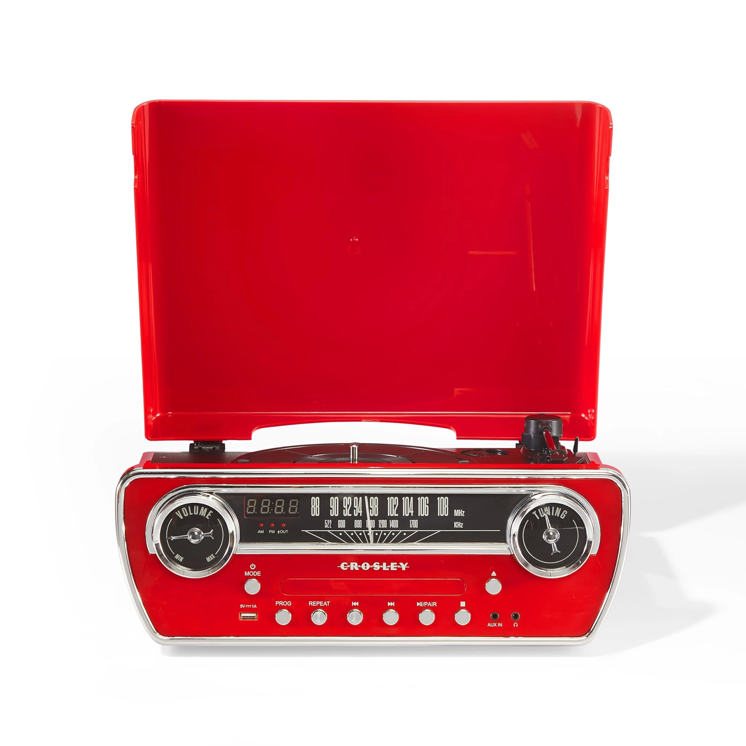 Crosley Powel 7-in-1 Record Player with Speakers & CD Player - Vintage Car Design Bluetooth Turntable Entertainment System with AM/FM Radio - Retro Red Style for Vinyl, Digital & Wireless Music