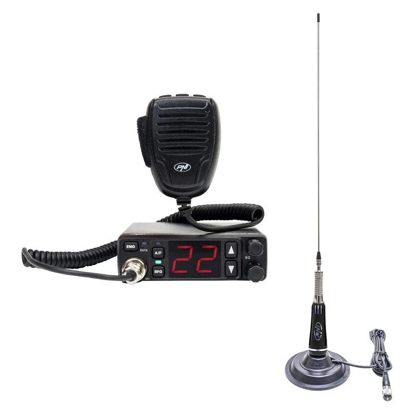 CB radio station kit PNI Escort 5500 with CB antenna PNI LED 2000, 90 cm, 500W, illuminates during transmission, magnetic base included