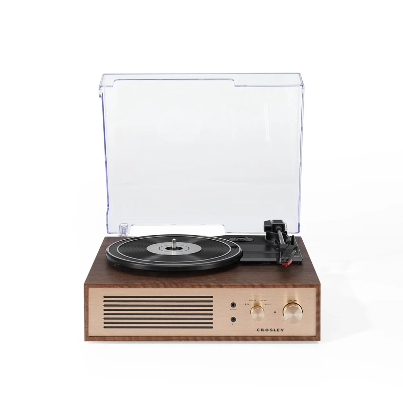 Crosley Miles Vinyl Record Player with Speakers - 3 Speed Bluetooth Turntable, Built-in Stereo Speakers, Aux Output - Elegant Wood & Gold Design - Play 33/45/78 RPM Records or Stream Music