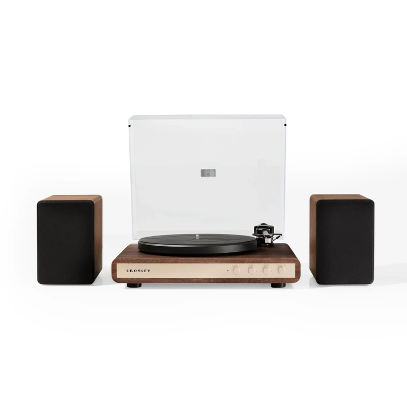 Crosley C65 Record Player with Speakers - Bluetooth Turntable with 50W Bookshelf Speakers, Easy Set Up Vinyl Player with Dust Cover, Record Player Shelf System, Audio-Technica Cartridge, Walnut
