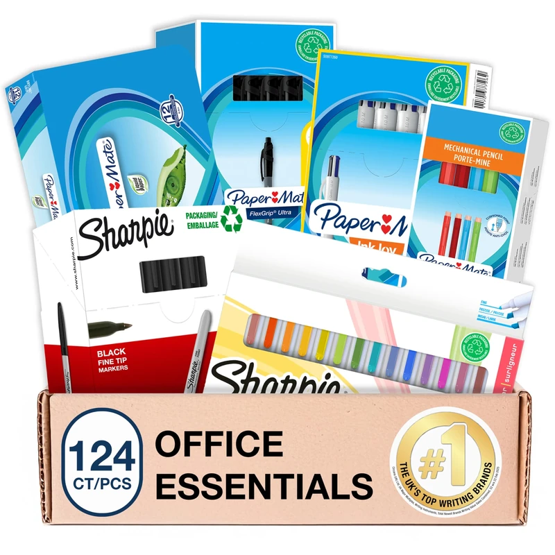 Paper Mate & Sharpie Pens & Marker Set | Stationery Supplies | Ballpoint PensHighlightersPermanent Markers Mechanical Pencils & Correction Tape | Perfect for Small Offices & School | 124 Count