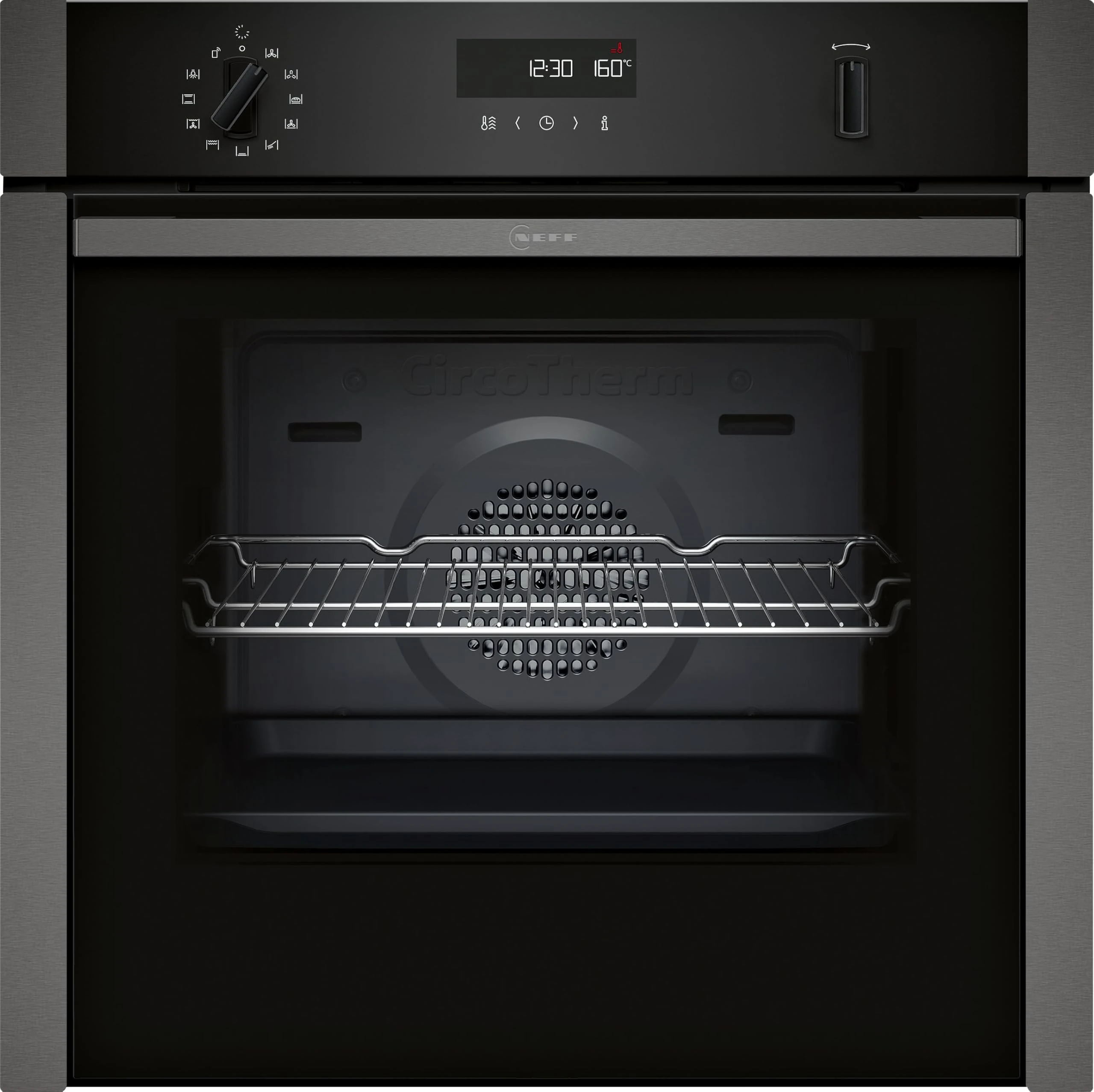 NEFF, N50, B6ACH7AG7B, 60cm Built-in Single Oven with Hide®, Home Connect, Pyrolytic Self-Cleaning with Easy Clean, CircoTherm, and LCD display in Graphite-Grey