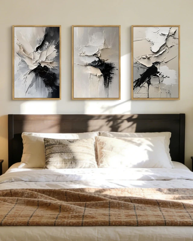 PHOPAGO Black Abstract Framed Wall Art Large 16x24in Minimalist Neutral Color Block Pastel Wall Decor Modern Brush Stroke Illustration Paints Home Decor - Natural Framed