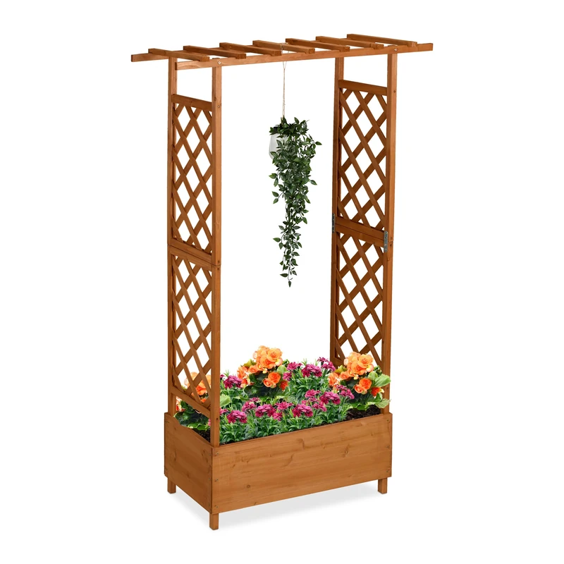 Relaxdays Planter with Trellis & Roof, HWD: 183x110x44 cm, Flower Box with Canopy, Patio & Garden, Wooden, Brown, Wood