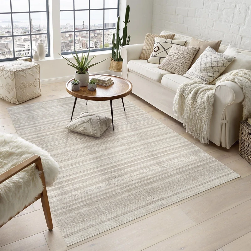 Rugs by Desire Maia Washable Living Room Area Rug – Soft Polypropylene Weaving, Low Pile, Non Slip Cotton Backing for Elegant Indoor Spaces, Beige, 200 x 300 cm (Rectangular)