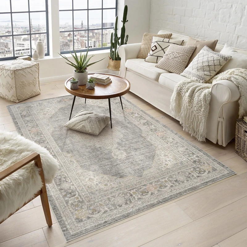 Rugs by Desire Maia Washable Living Room Area Rug – Soft Polypropylene Weaving, Low Pile, Non Slip Cotton Backing for Elegant Indoor Spaces, Grey, 120 x 180 cm (Rectangular)