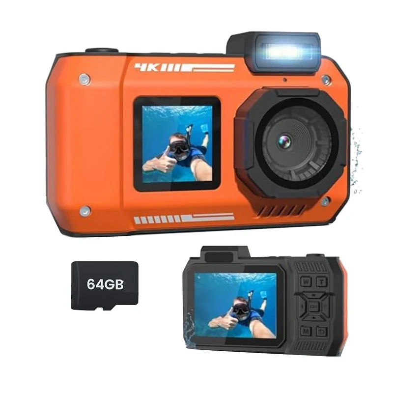 Pesfehhy Waterproof Camera 4K 65MP Underwater Camera with 64G Card, for Snorkeling Autofocus Selfie Dual-Screen Orange