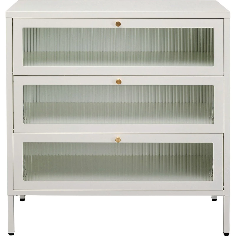 Kare Design Cabinet Naxos, White, 85x80 cm, Dresser with Storage, Bedside Table Organization, Steel Frame with 3 Glass Doors, Minimalistic Country House Style - Image 1
