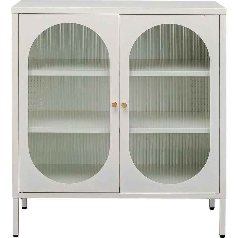 Kare Design Cabinet Naxos, White, 90x80 cm, Dresser with Storage, Bedside Table Organization, Steel Frame with 2 Glass Doors, Minimalistic Country House Style