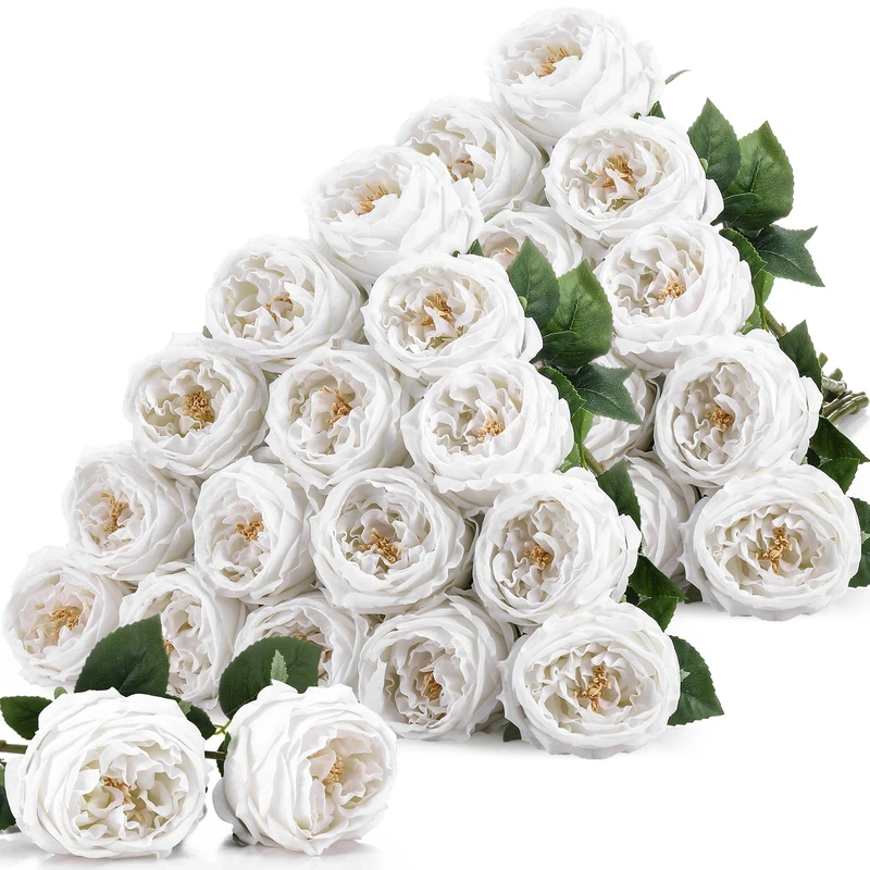 Giegxin 20 Pcs Real Touch Peonies Austin Roses Artificial Flowers, Faux Look Real Long Stems Fake Flower with Blooms for Christmas Valentines Arrangement Wedding Home Kitchen Party Decor(White)