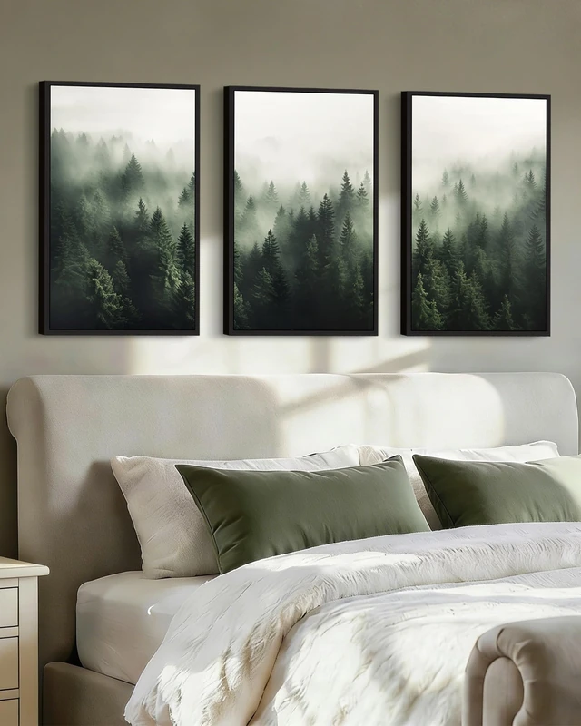 PHOPAGO Green Fog Pine Tree Framed Wall Art Large 16x24in Nature Misty Nordic Forests Artwork Morden Paints for Living Room Home Office Decor - Black Framed