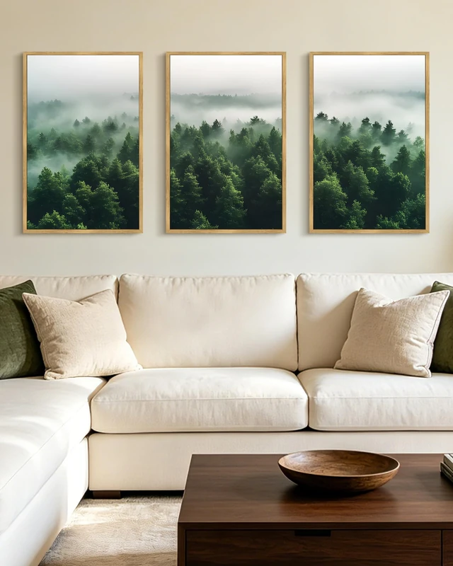 PHOPAGO Green Fog Pine Tree Framed Wall Art Large 16x24in Nature Misty Nordic Forests Artwork Morden Paints Bedroom Living Room Home Decor - Natural Framed