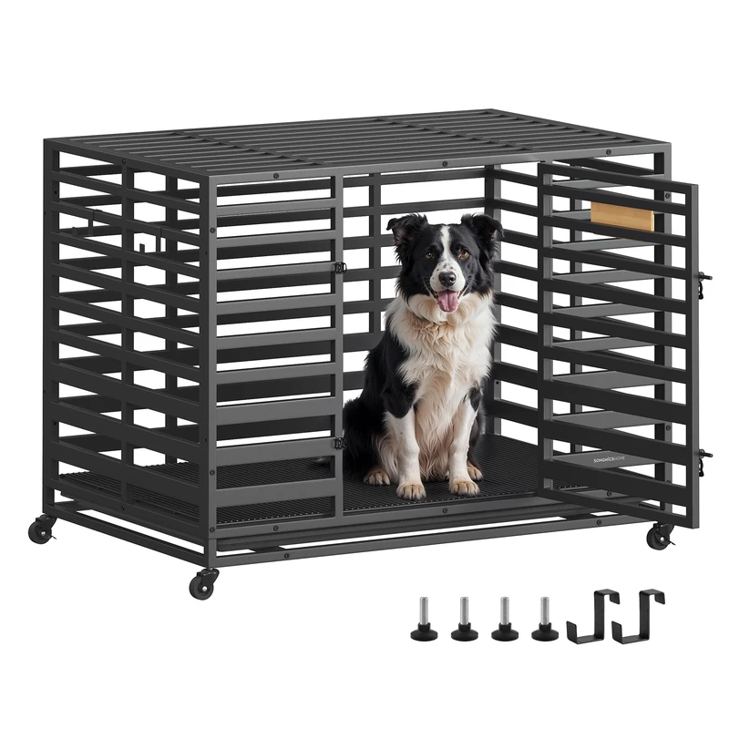 SONGMICS HOME Heavy-Duty Dog Crate Cage for Large Dogs, XL, Expandable, with Removable Tray, Door, Lockable Wheels, 107 x 70 x 82.5 cm, Ink Black PPD023B01