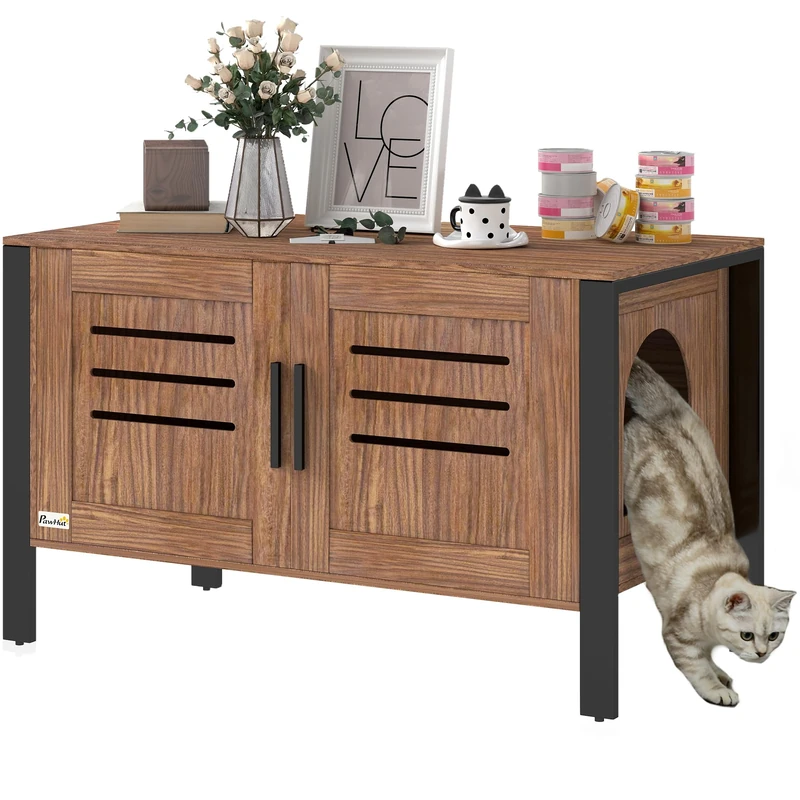 PawHut Cat Litter Box Enclosure, Hidden Litter Box Furniture Washroom with Tall Legs, Scratching Board, Double Doors, Ventilation Holes, Indoor Cat House Side End Table, 80 x 45 x 50 cm, Dark Brown