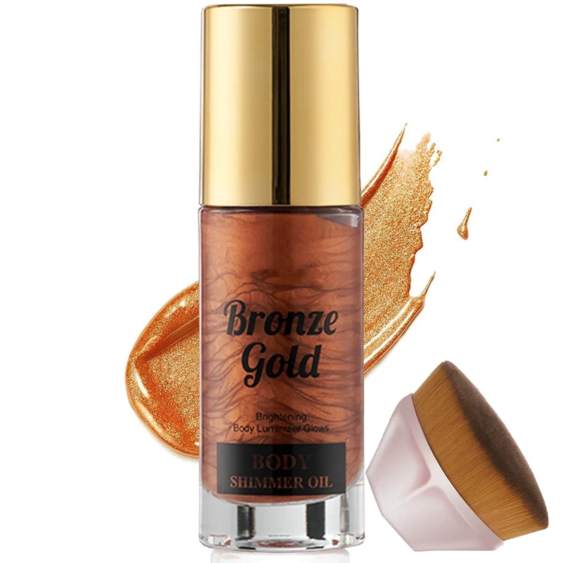 Body Shimmer Oil, Body Bronzer Shimmer with Brush, Body Glow Shimmer Luminizer Face Illuminator, Self Tanning Lotion, Waterproof Non-Sticky Lightweight, Highlighter Glitter Spray(Bronze Gold)