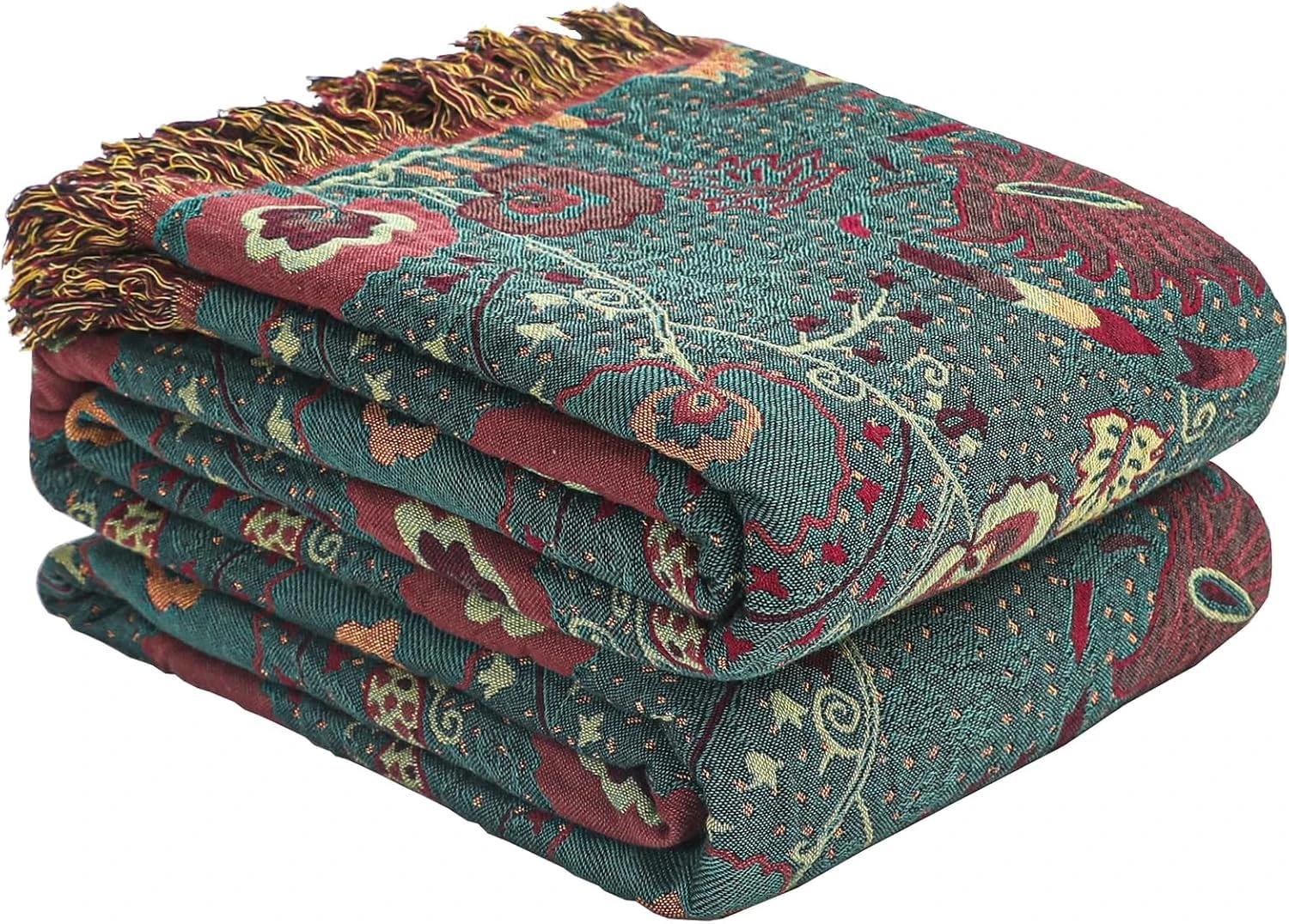 Bohemian Style Cotton Bed Throw Blanket with Dark Green Anemone Flower Pattern & Tassel Design - Ultra Soft Rustic Quilt for Farmhouse Decor, Sofa, Couch, Chair,RV - All Season 150x200CM (60"x80")