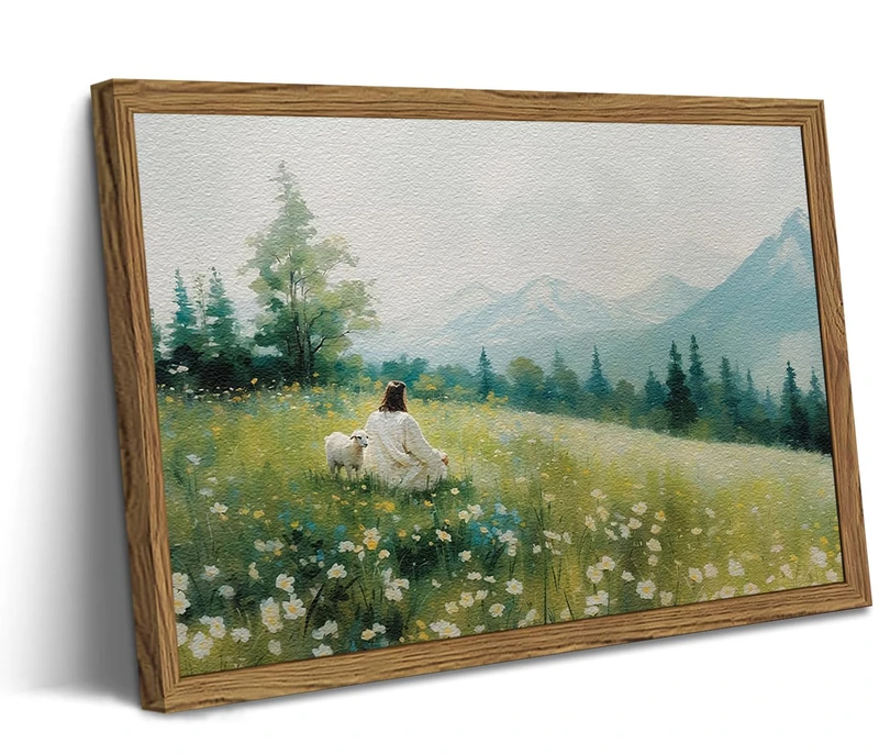 Jesus Leaves the 99 Sheep Wall Art, Christian Jesus and Lamb Pictures Wall Decor Paintings, 3D Sandstone Textured The Lost Lamb Religious Prints for Living Room Bedroom Prayer Room 16x24 inch Framed