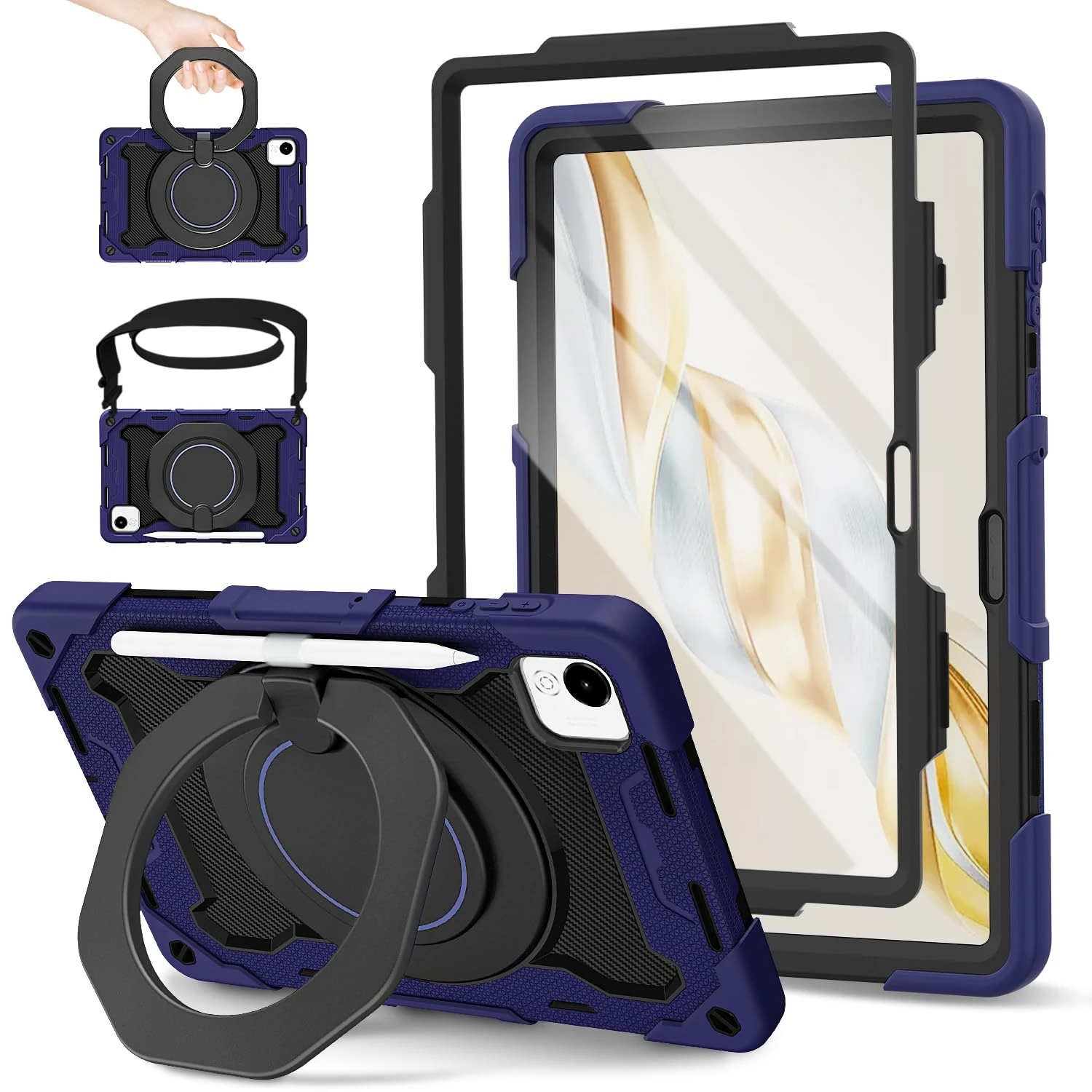 ROISKIN For Honor Pad X9a Case 11.5 inch 2025: Heavy Duty Shockproof Case with Screen Protector & Rotating Stand & Shoulder Strap & Pencil Holder for Honor X9a Tablet,Navy Blue