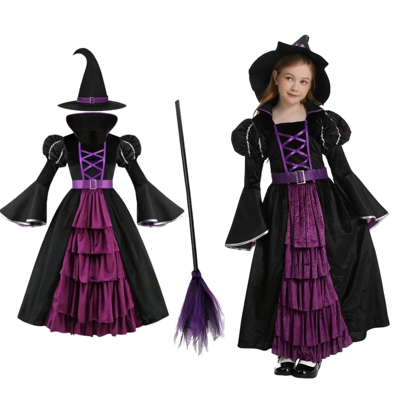 maxToonrain Witch Costume Kids Black and Purple Puff Sleeves with Witch Broom Halloween Costumes for 4-12 Yrs Girls (6-8 Yrs, Medium)