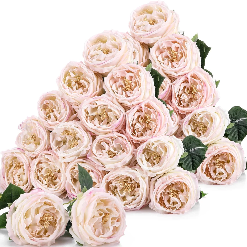 Giegxin 20 Pcs Real Touch Peonies Austin Roses Artificial Flowers, Faux Look Real Long Stems Fake Flower with Blooms for Christmas Valentines Arrangement Wedding Home Kitchen Party Decor (Light Pink)
