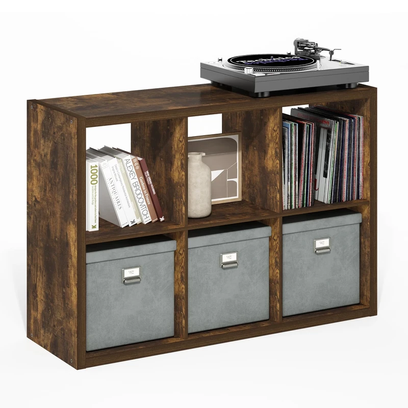 Furinno CUBICLE Book Shelf, 6-Cube Thick Frame Bookshelf, Horizontally & Vertically Reversible Bookcase with Open Back, 14.6 x 43.8 x 30, for Living Room, Bedroom, Home Office, Amber PINE