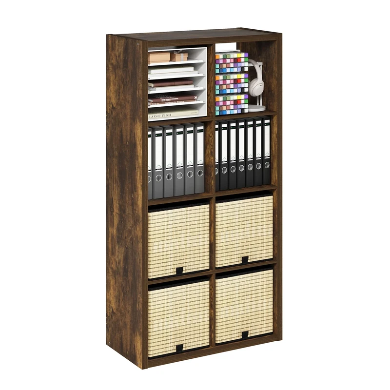 Furinno CUBICLE Book Shelf, 8-Cube Thick Frame Bookshelf, Horizontally & Vertically Reversible Bookcase with Open Back, 14.6 x 30 x 57.9, for Living Room, Bedroom, Home Office, Amber PINE