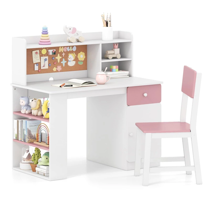GYMAX Kids Desk and Chair Set, Children Writing Table with Drawer, 3-Tier Shelf, Cork Board, Cable Hole & Storage Cabinet, Wooden Study Desk Set for 7 Years Old+ Boys Girls, 105x60x103cm (Pink+White)