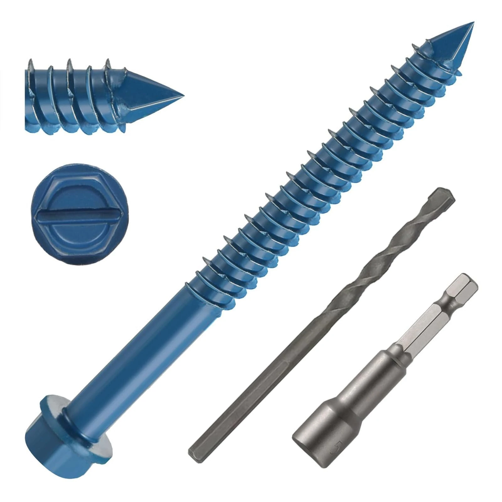 Wavanta 30Pcs M6.5 x 83mm Concrete Screws Anchor, Blue Slotted Hex Flange Head with Screwdriver and Drill Bit, Masonry Brick Stucco Cement Block Screws, Diamond Point