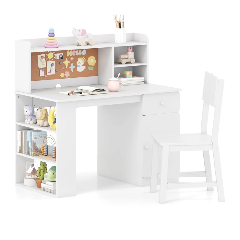 GYMAX Kids Desk and Chair Set, Children Writing Table with Drawer, 3-Tier Shelf, Cork Board, Cable Hole & Storage Cabinet, Wooden Study Desk Set for 7 Years Old+ Boys Girls, 105x60x103cm (White) - Image 1