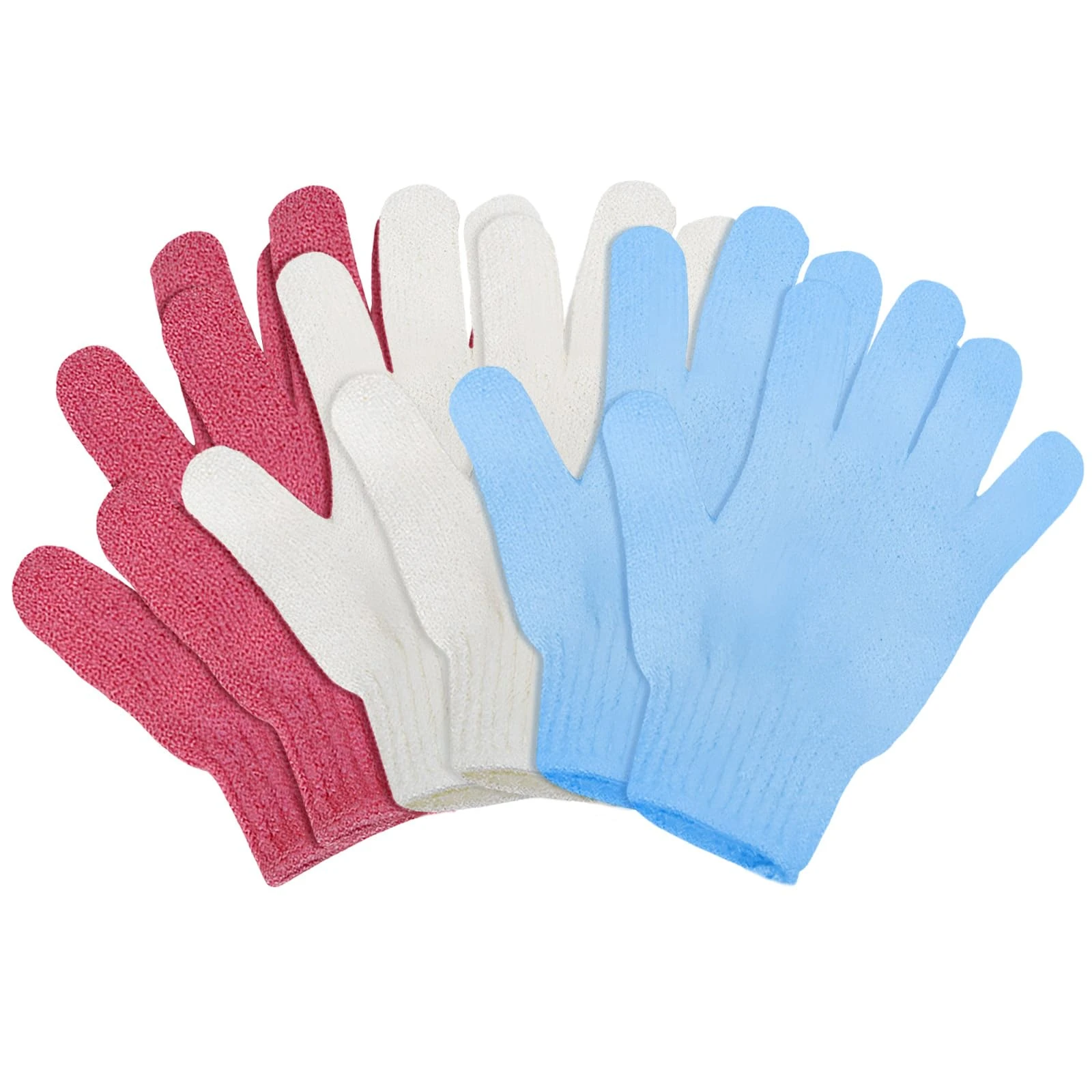 Exfoliating Gloves | Bamboo Shower Gloves | 6pcs Bath and Body Exfoliator Mitts | Scrubs Away Ingrown Hair and Dead Skin for Shower, Spa, Massage and Dead Skin Cell Remover Loofah - White, Red, Blue