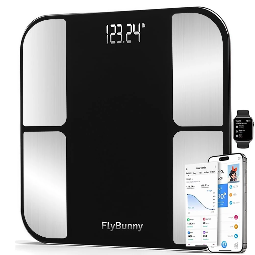 FlyBunny Scales for Body Weight, Weighing Scales, Bluetooth Body Fat Scales, Digital Bathroom Scale for Weight, BMI, Fat%– Body Composition Analyzer – Accurate Weighing Scale with APP -Silver & Black